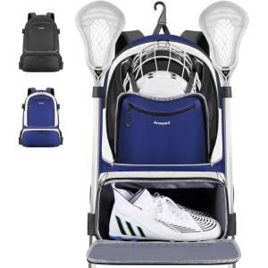 imageExtra Large Lacrosse Backpack with 2 Stick Holders Professional Lacrosse Bag for Youth with Ventilated Cleats Compartment and Insulated Pocket for All Field Hockey GearBlue