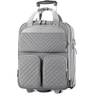 imageUnder seat Carry On Luggage with Wheels Multiple Compartments Airline Approved Personal Item Bag Travel CarryOn with Leather Handle Lightweight Rolling Suitcase for Women Beige BrownGrey