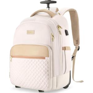 imageRolling Backpack Carry On Luggage For Adults With Wheels 40L Wheeled Backpack For Women Travel Roller Backpack Rolling Bag PinkBeige