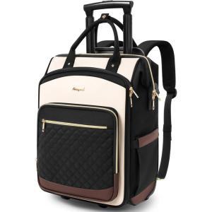 imageRolling Backpack for Women 16 Inch Travel Backpack with Wheels Vertical Storage Wheeled Laptop Backpack Backpack on Wheels for College Business Work Stylish Rolling Laptop Bag Navy BlueBeige Brown