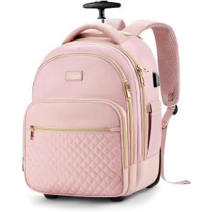 imageRolling Backpack for women 143 inch laptop bag backpack with wheels for large capacity water resistant roller carry on backpack for travel business and college BeigePink