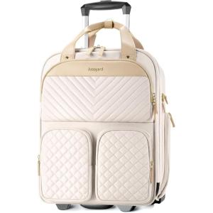 imageUnderseat Carry On Luggage with Wheels Multiple Compartments Airline Approved Personal Item Bag Travel CarryOn with Leather Handle Lightweight Rolling Suitcase for Women Black Gold LBeige