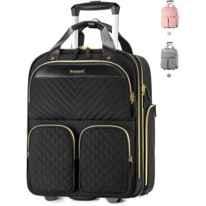imageUnderseat Carry On Luggage with Wheels Multiple Compartments Airline Approved Personal Item Bag Travel CarryOn with Leather Handle Lightweight Rolling Suitcase for Women Black Gold LBlack
