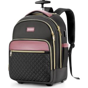 imageRolling Backpack for Women with Wheels roller Laptop Travel Backpack Lightweight Water Resistant Wheeled Underseat Carry On Luggage for Work and College Black PurpleBlack Purple